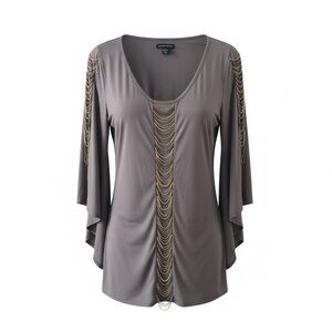 Boston Proper ✨Embellished Chain Detail Top Taupe V-Neck Draped Sleeve Blouse